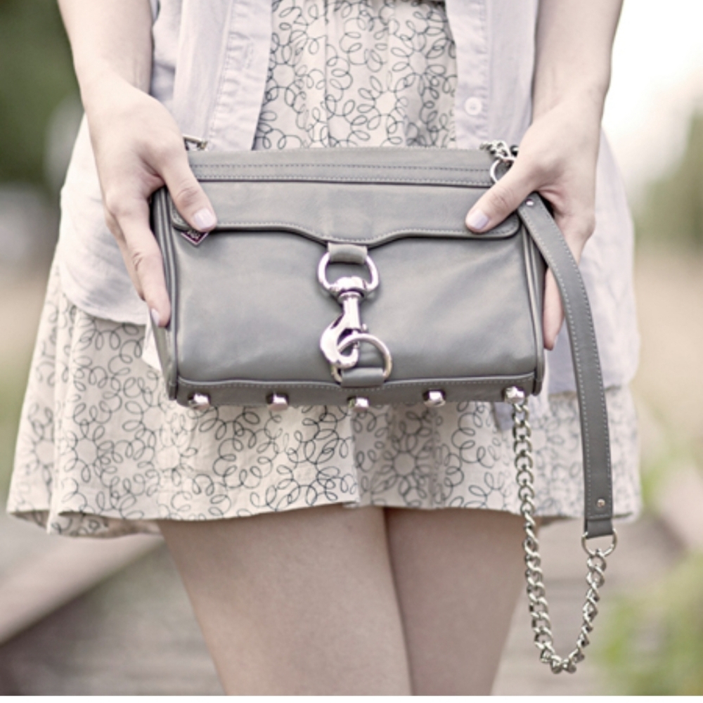 Rebecca Minkoff Metallic Silver Leather Mini MAC Crossbody Bag Studded Bottom